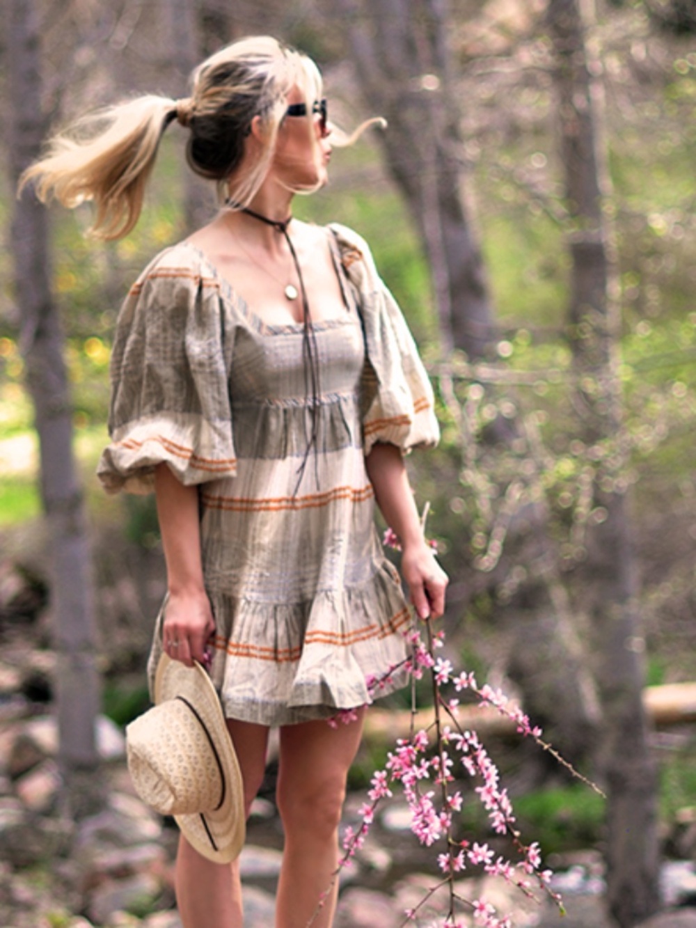 FREE PEOPLE cottagecore empire waist mini dress with pouf sleeves open tie back